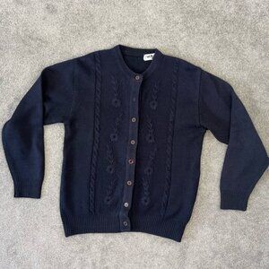 Embroidered Detail Black Cardigan Sweater - Cozy Knitwear - Large
